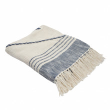 60" X 50" Blue and Off White Woven Cotton Striped Throw Blanket with Fringe