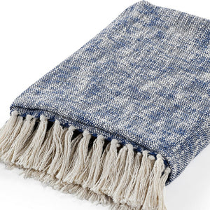 50" X 60" Blue and White Woven Cotton Throw Blanket with Fringe