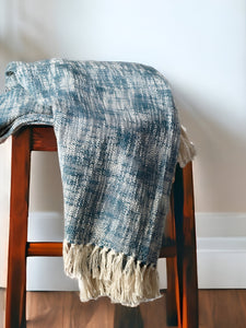 50" X 60" Blue and White Woven Cotton Throw Blanket with Fringe