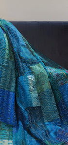 70" X 50" Blue Kantha Silk Patchwork Throw Blanket with Embroidery