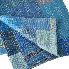 70" X 50" Blue Kantha Silk Patchwork Throw Blanket with Embroidery