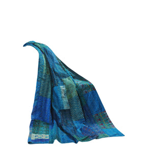 70" X 50" Blue Kantha Silk Patchwork Throw Blanket with Embroidery