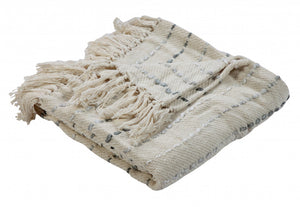 50" X 60" Cream Kantha Cotton Striped Throw Blanket with Embroidery