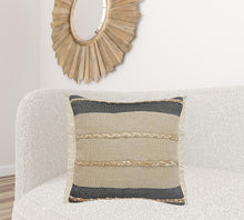 20" X 20" Beige And Ivory Jute Striped Zippered Pillow With Fringe