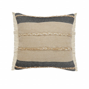 20" X 20" Beige And Ivory Jute Striped Zippered Pillow With Fringe