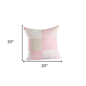 20" X 20" Pink And Off-White 100% Cotton Patchwork Zippered Pillow