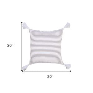 20" X 20" Beige And White 100% Cotton Striped Zippered Pillow