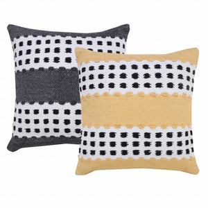 14" X 36" Yellow Black And White 100% Cotton Striped Zippered Pillow