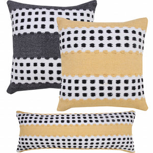 14" X 36" Yellow Black And White 100% Cotton Striped Zippered Pillow