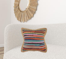 20" Tan Orange and Blue Striped Cotton and Jute Throw Pillow