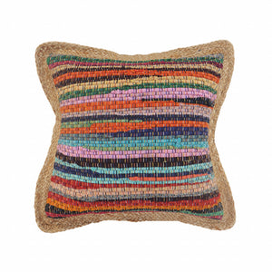 20" Tan Orange and Blue Striped Cotton and Jute Throw Pillow