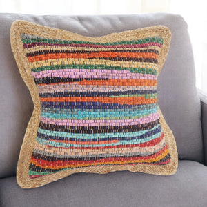 20" Tan Orange and Blue Striped Cotton and Jute Throw Pillow