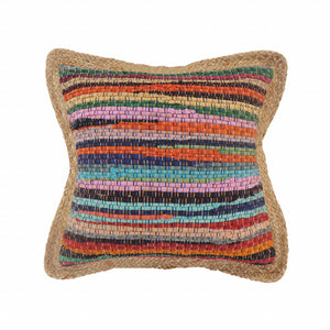 20" Tan Orange and Blue Striped Cotton and Jute Throw Pillow