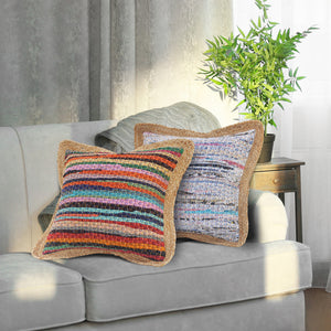 20" Tan Orange and Blue Striped Cotton and Jute Throw Pillow