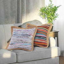 20" Tan Orange and Blue Striped Cotton and Jute Throw Pillow