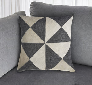 20" Charcoal and Ivory Geometric Wool And Faux Leather Throw Pillow