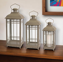 Set of Three Brown Glass and Metal Geometric Floor Lantern Candle Holders