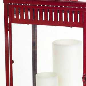 Set of Two Red Metal Ornate Floor Lantern Candle Holders