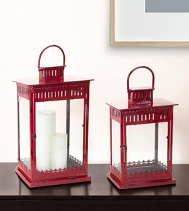 Set of Two Red Metal Ornate Floor Lantern Candle Holders