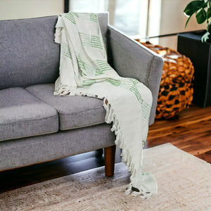 Gray and Green Woven Cotton Throw Blanket with Fringe