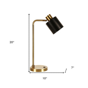 20" Gold Metal Desk Table Lamp With Black Drum Shade