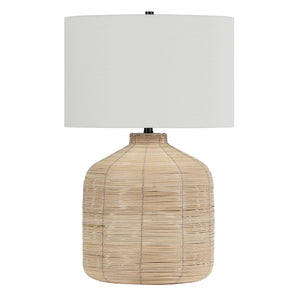 27" Natural Rattan Table Lamp With White Drum Shade