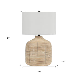 27" Natural Rattan Table Lamp With White Drum Shade