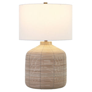 27" Natural Rattan Table Lamp With White Drum Shade