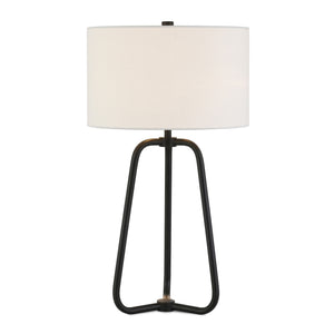 25" Black Metal Table Lamp With White Drum Shade