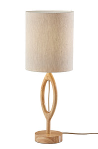 28" Natural Solid Wood Round Table Lamp With Beige Drum Shade