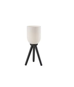 23" Black Solid Wood Tripod Table Lamp With White Ribbed Glass Shade