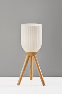 23" Natural Solid Wood Tripod Table Lamp With White Ribbed Glass Shade