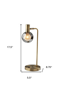 18" Antiqued Brass Metal Cylinder Desk Table Lamp With Gray Globe Shade With Starling LED Bulb