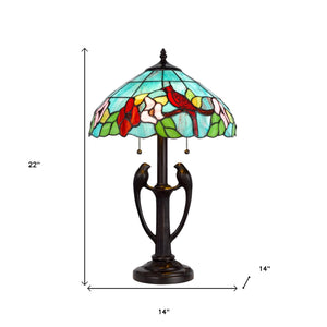 22" Bronze Two Light Tiffany Table Lamp With Aqua and Red Floral Shade