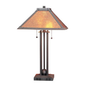 25" Gray Metal Two Light Cylinder Table Lamp With Amber Square Shade