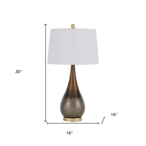 30" Bronze Metal Round Table Lamp With White Empire Shade