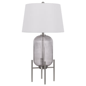 33" Nickel Glass Round Table Lamp With White Empire Shade