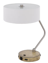 20" Brown Metal Two Light Lantern Desk USB Table Lamp With White Drum Shade