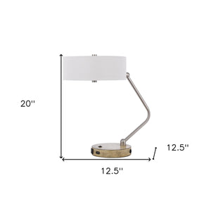 20" Brown Metal Two Light Lantern Desk USB Table Lamp With White Drum Shade