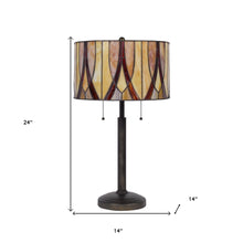 24" Bronze Metal Two Light Table Lamp With Red And Ivory Drum Shade