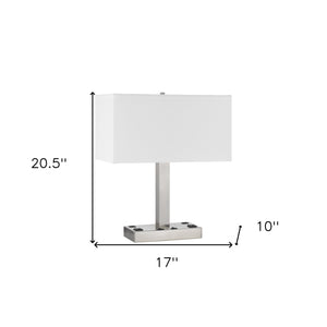 21" Nickel Metal Two Light Desk USB Table Lamp With White Shade