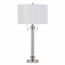 31" Silver Metallic Metal Two Light Cylinder Table Lamp With White Drum Shade