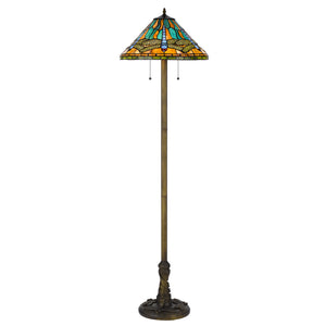 63" Brass Two Light Traditional Shaped Floor Lamp With Blue and Orange Dragonfly Tiffany Glass Empire Shade