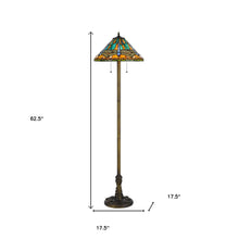 63" Brass Two Light Traditional Shaped Floor Lamp With Blue and Orange Dragonfly Tiffany Glass Empire Shade