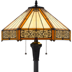 60" Bronze Two Light Traditional Shaped Floor Lamp With Orange and Ivory Abstract Tiffany Glass Empire Shade