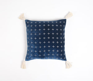 18" X 18" Blue and White Geometric Cotton Pillow Cover With Embroidery and Tassels