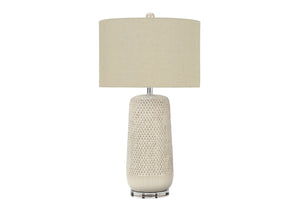 31" Cream Ceramic Geometric Table Lamp With Beige Drum Shade