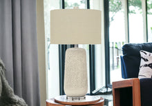 31" Cream Ceramic Geometric Table Lamp With Beige Drum Shade