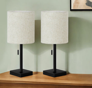 Set of Two 17" Black Metal Candlestick USB Table Lamps With Beige Drum Shade