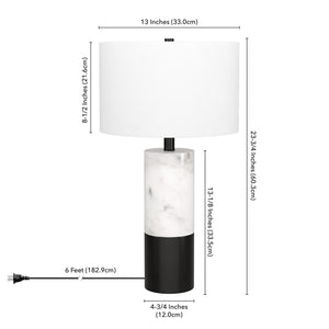 24" Black and White Marble and Metal Cylinder Table Lamp With White Drum Shade